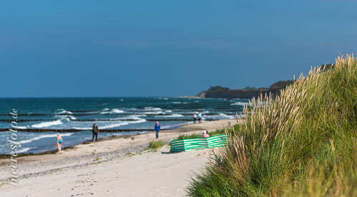  Strandleben mit Spaziergängern und Badenden am sonnigen Ostseeufer von Ahrenshoop