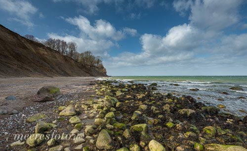 Algenbedeckte Steine am Ufer der Steilküste von Brodten an einemsonnigen Tag