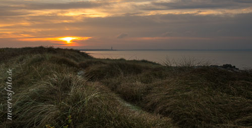Blick über die Dünen bei Bottsand und die Ostsee auf den Sonnenuntergang am Horizont vor Laboe