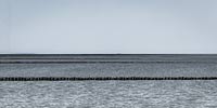  »Holzbuhnen im nordfriesischen Wattenmeer« DETAIL: Im flachen Wasser vor Schlüttsiel, ragen die Holzbuhnen teilweise mehrere hundert Meter weit ins Watt. Am Horizont zeigt das Panoramafoto die Halig Habel.