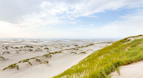 Der Kniepsand auf Amrum mit kleinen Dünen auf dem Strand unter leicht bewölktem Himmel